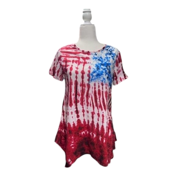 89th & Madison Tops - 89th & Madison Red White and Blue Asymmetrical Short Sleeve Top